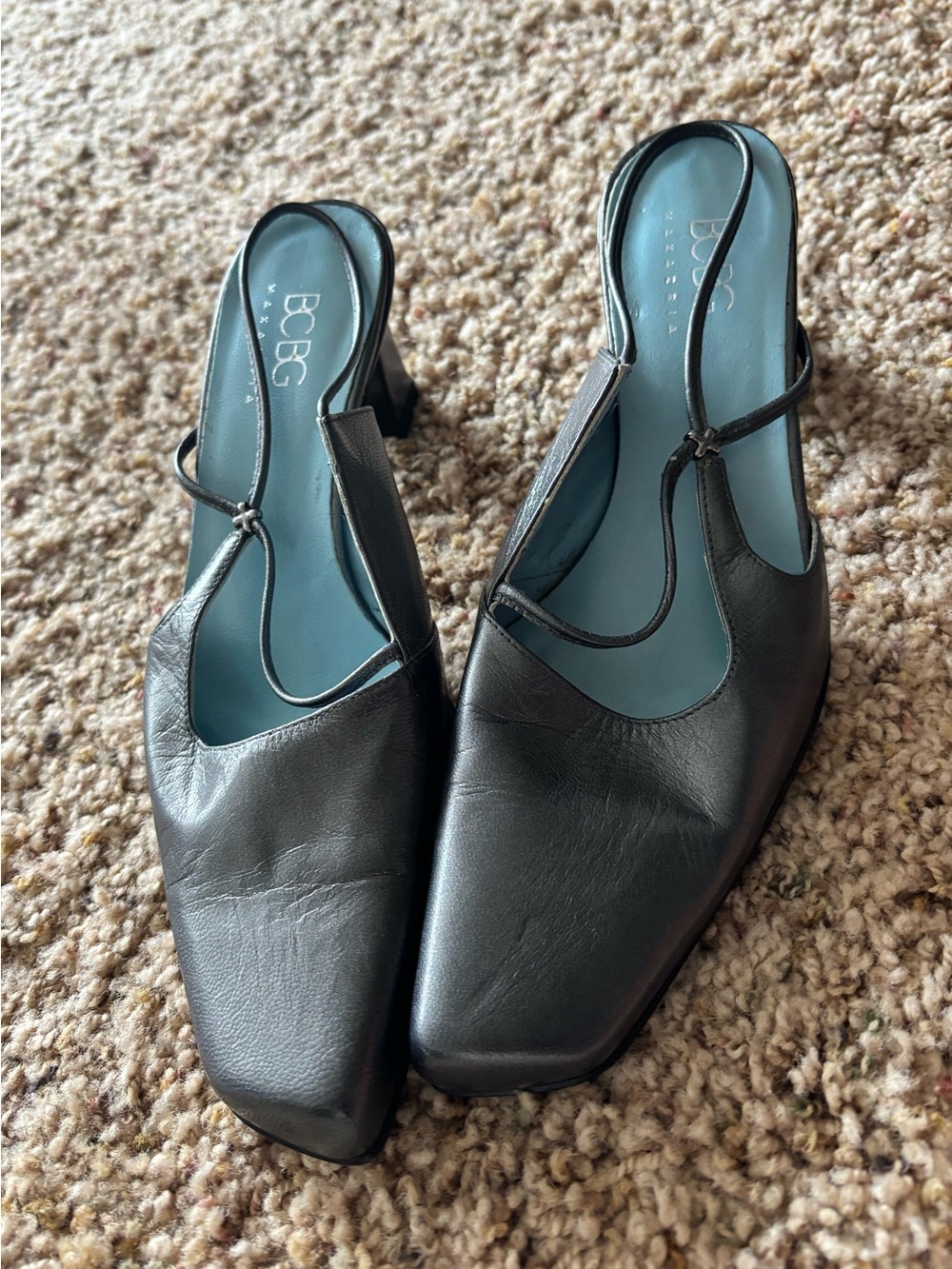 BCBG Silver Leather Square Toe Heels